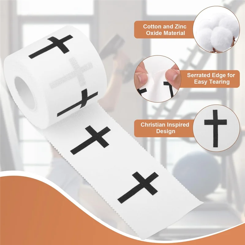 Roll of white cotton and zinc oxide athletic tape with a serrated edge and Christian inspired design