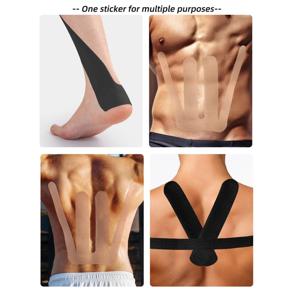 Vorgeschnittene Kinesiologie-Tape-Sticker mit verschiedenen Designs für Rücken- und Gelenksupport auf der Haut.