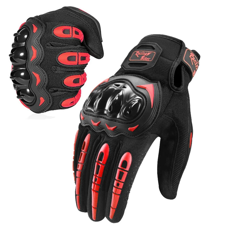 Black motorcycle riding gloves with full finger protection featuring red accents and a protective knuckle design.
