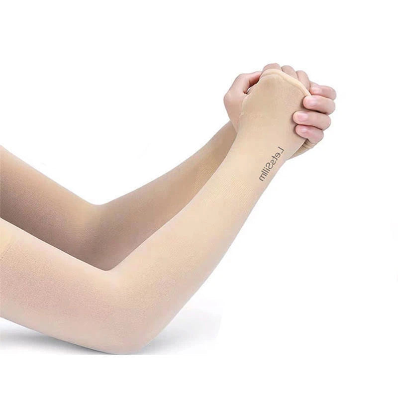 A person is wearing a light beige summer ice silk anti-sunburn arm sleeve on their forearm.