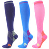 Three pairs of medical grade compression socks in navy blue, royal blue, and pink.