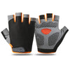 A pair of gray and black breathable anti-slip gym workout gloves shown against a white background.
