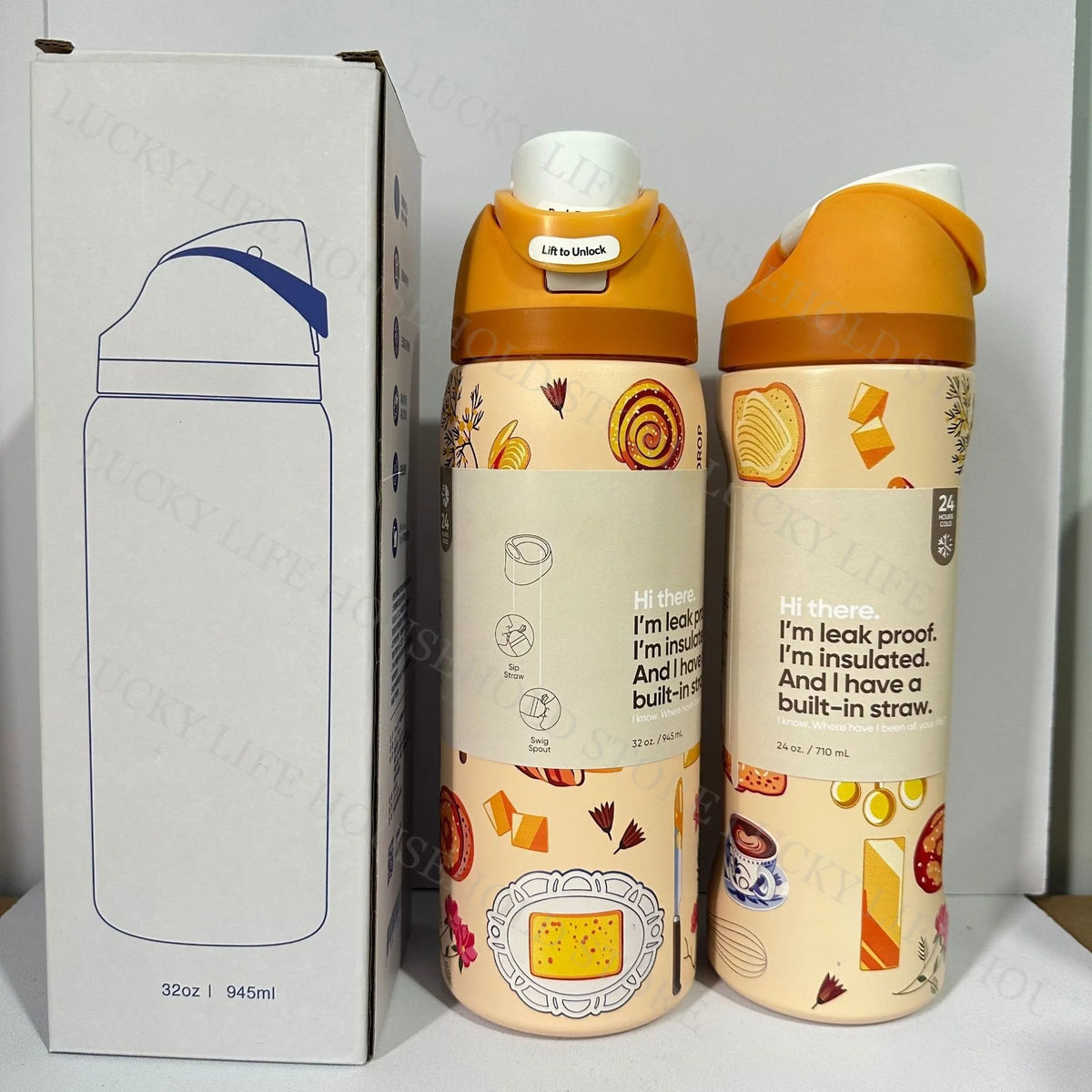 An orange insulated stainless steel sports water bottle with a white cap and yellow accents.