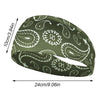 Olive green patterned elastic sports headband shown from the side with dimensions.