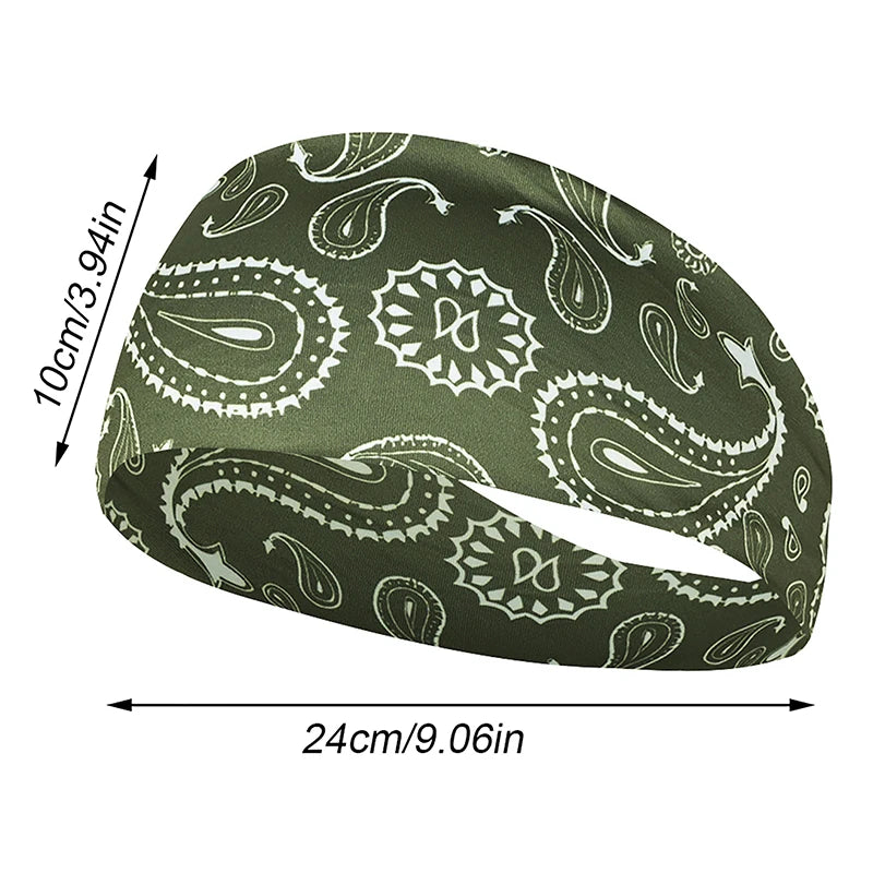 Olive green patterned elastic sports headband shown from the side with dimensions.
