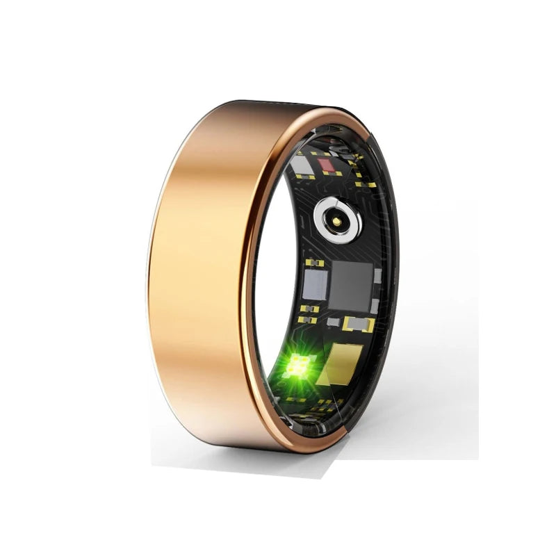 A close-up view of a gold-colored smart health ring fitness tracker with a transparent display.