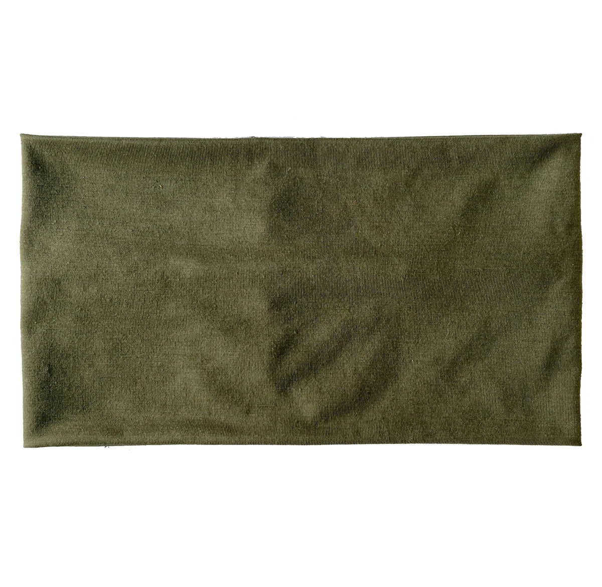 A rectangular olive green fabric headband for hair or sports.