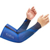 A person is wearing a blue sports arm sleeve on their forearm and wrist.