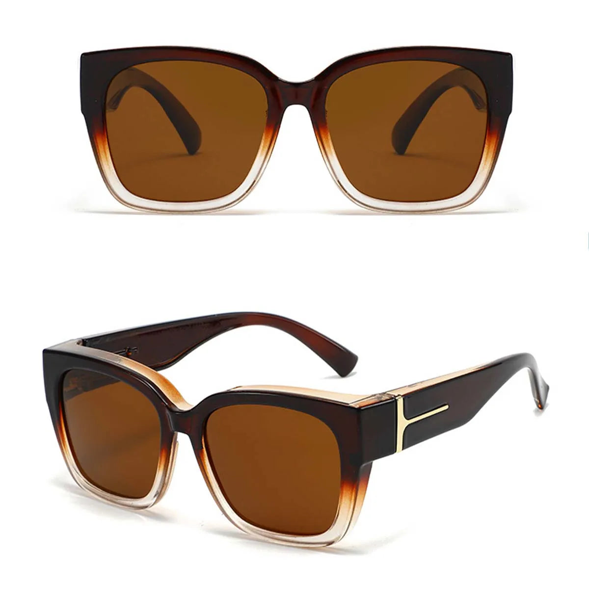 Brown-tinted sunglasses with dark brown frames and gold accents viewed from above.