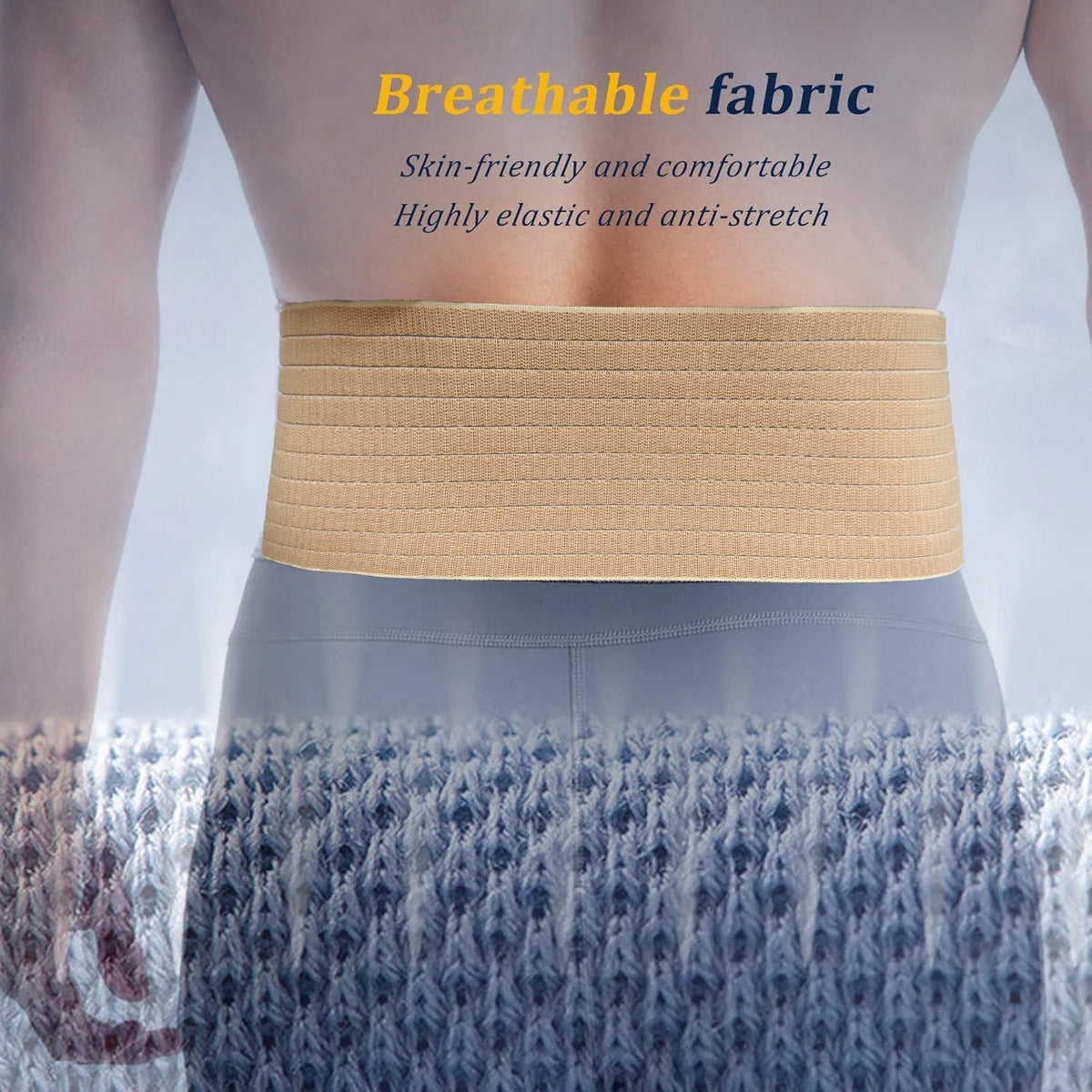 Beige unterstützender Bauchherniensgürtel, um die Taille gewickelt, auf blauer strukturierter Oberfläche.