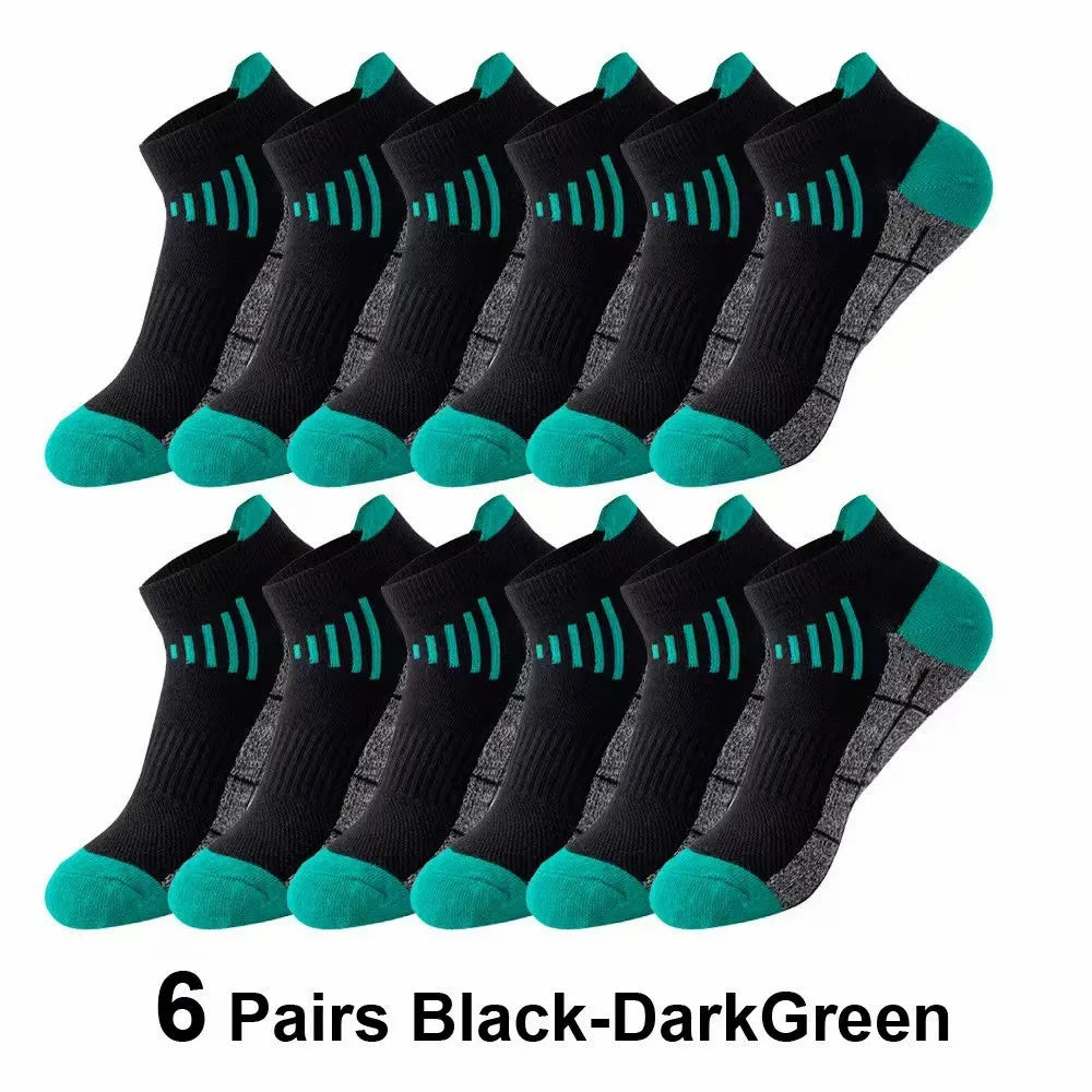 Six pairs of black-dark-green knit sports socks displayed in a row.