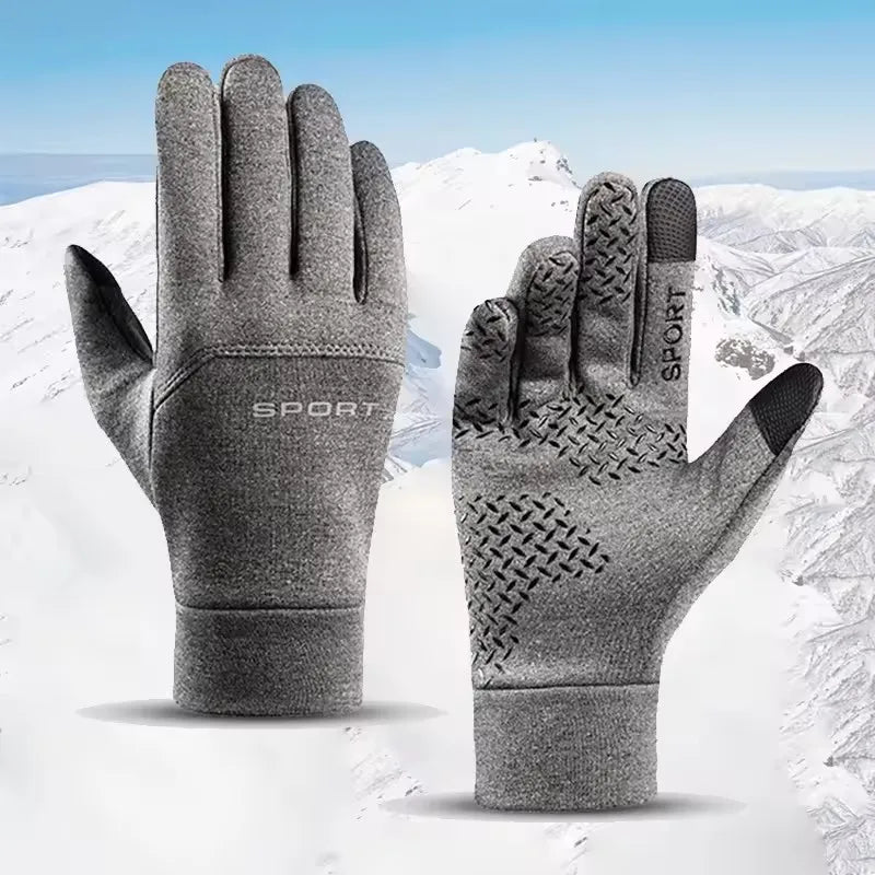 Ein Paar grauer winddichter Fahrrad- und Outdoorhandschuhe vor einem verschneiten Bergpanorama.