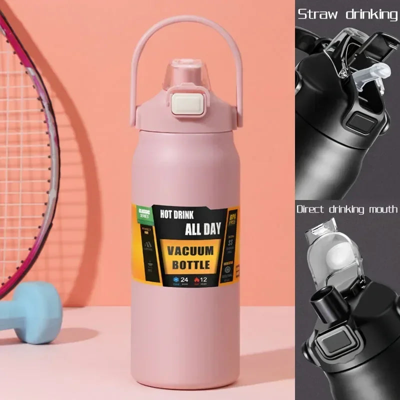 A pink insulated stainless steel water bottle with a lid and straw, shown next to a close-up of the drinking mechanism.