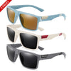 Three pairs of polarized square sunglasses in blue, cream, and gray for outdoor sports