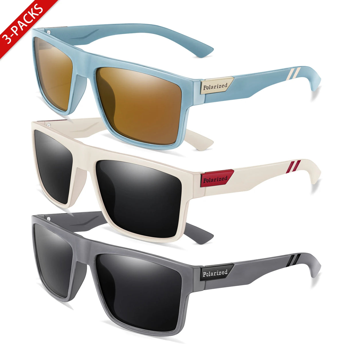 Three pairs of polarized square sunglasses in blue, cream, and gray for outdoor sports