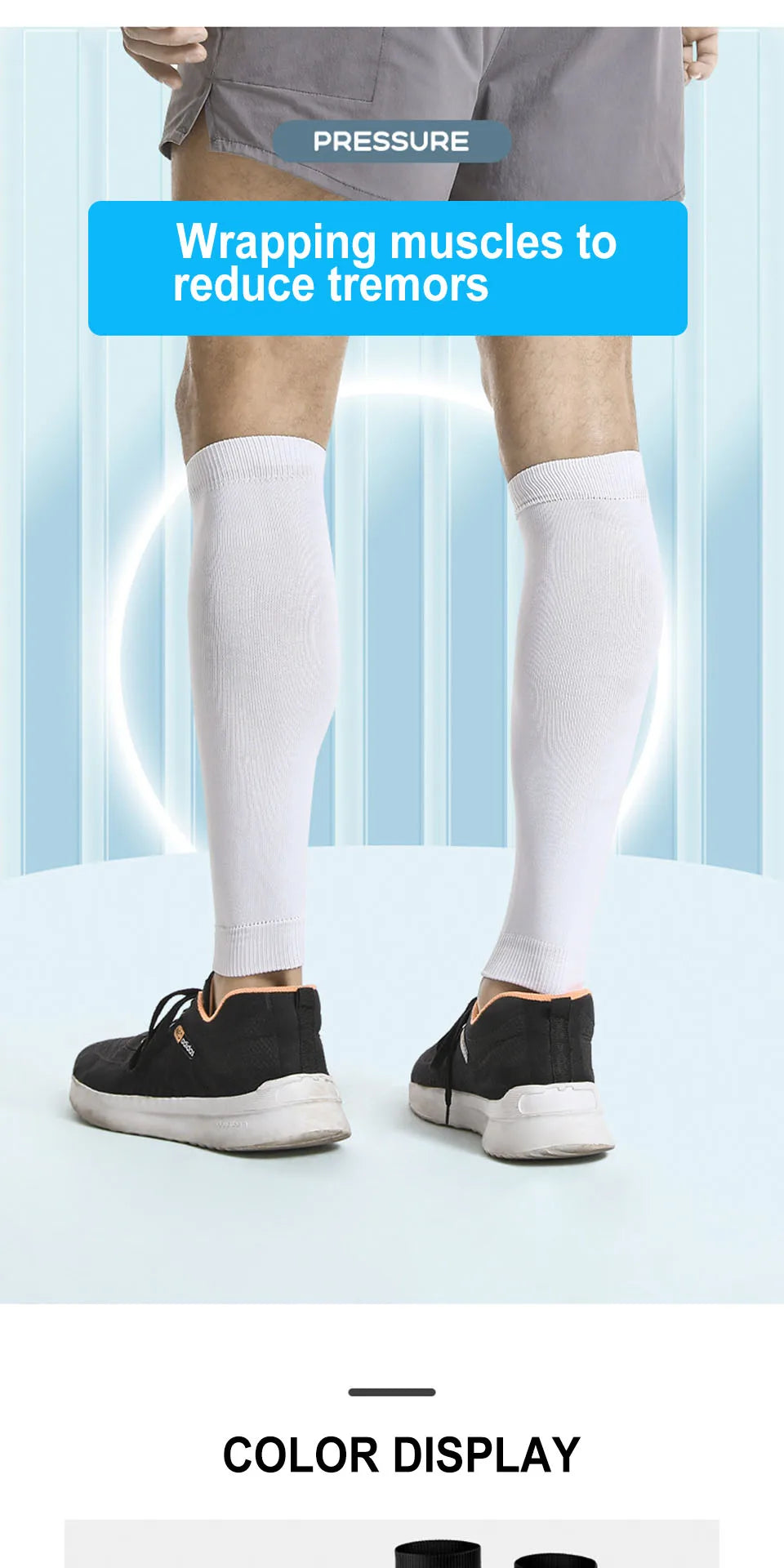 A person wearing white compression leg sleeves is shown, demonstrating the wrapping of muscles to reduce tremors.