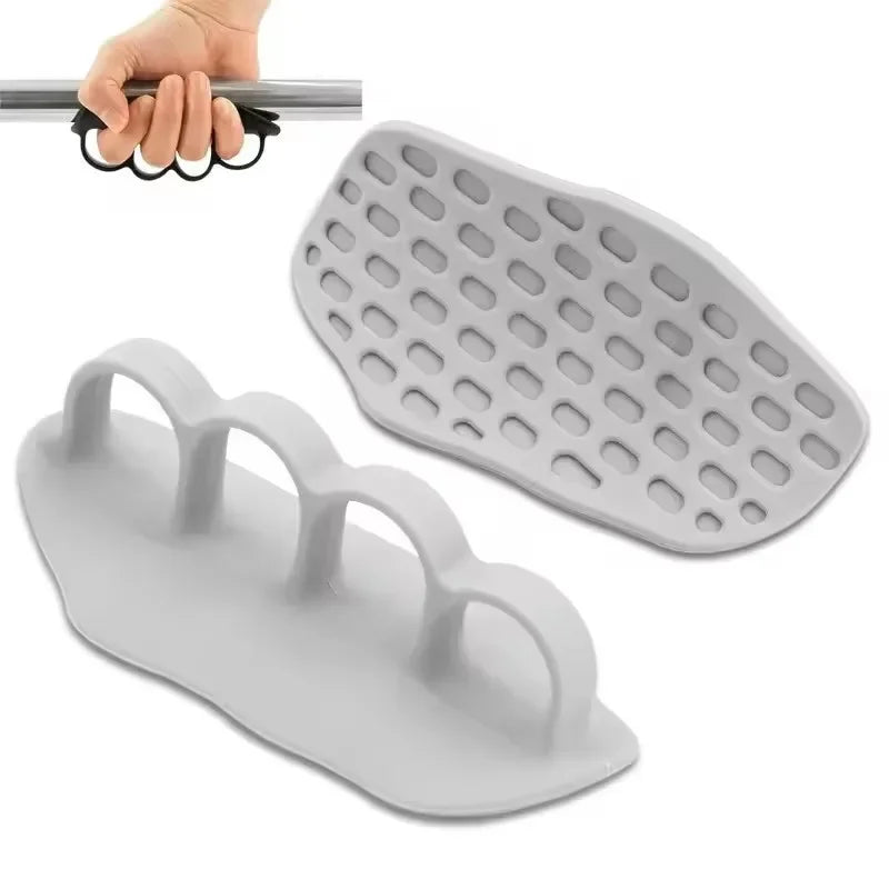 A pair of silicone gym and weightlifting grip gloves are shown with a hand gripping a metal bar.