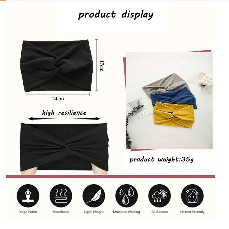 Black women's elastic sports headband displayed with dimensions and features like high resilience and moisture wicking.