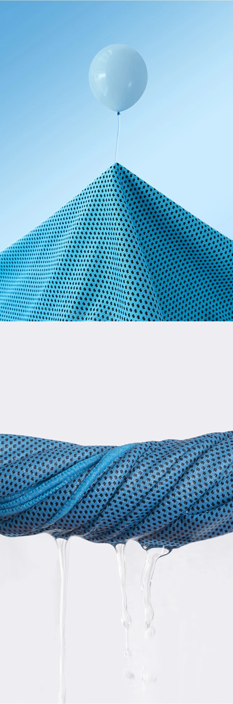 Une serviette microfibre bleue drapée et dégoulinante, avec un ballon blanc suspendu au-dessus.