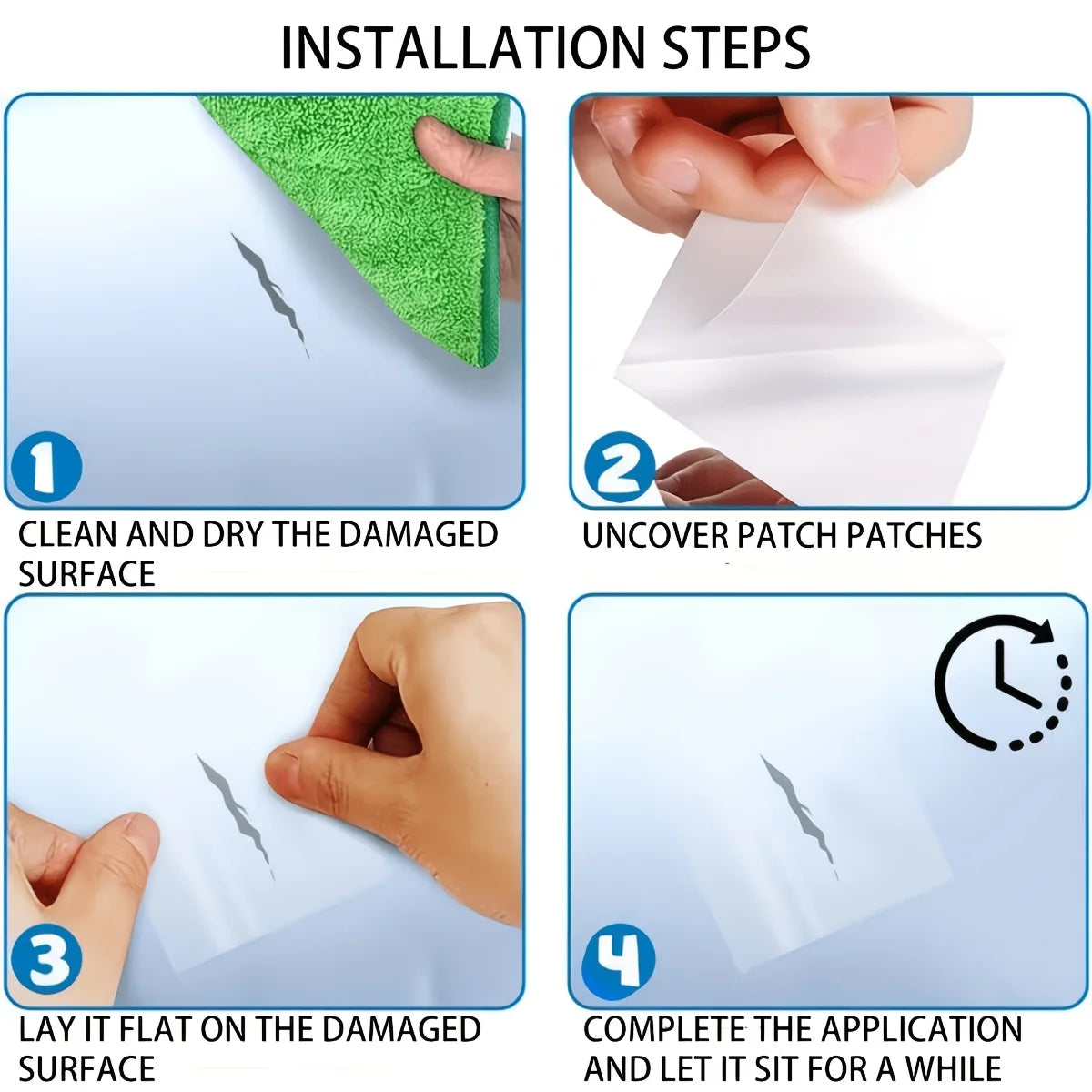 Installationsschritte zum Reinigen, Entfernen, Anbringen und Auftragen wasserdichter Vinylreparaturflicken auf eine beschädig