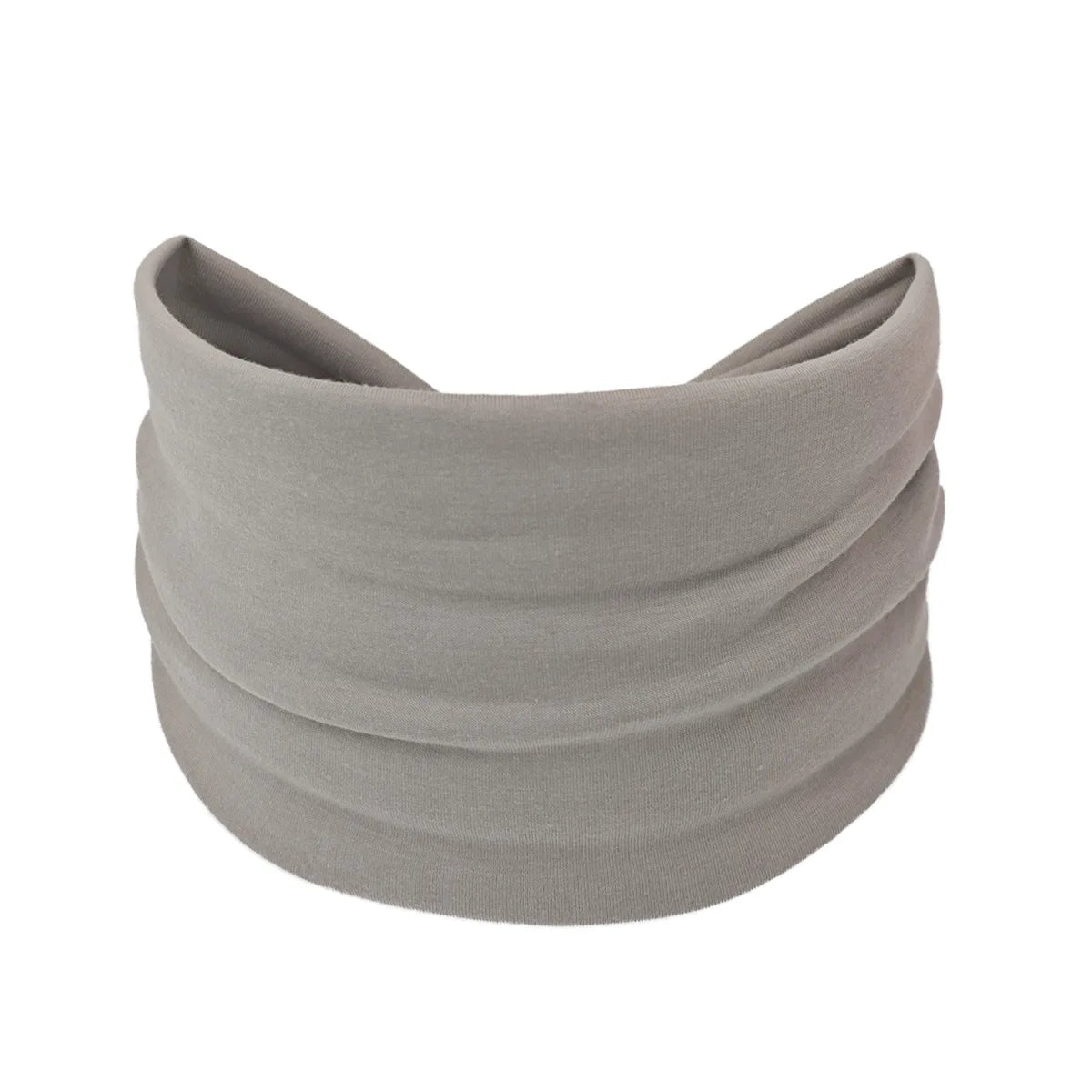 A gray boho wide headband hair wrap for women shown from above.
