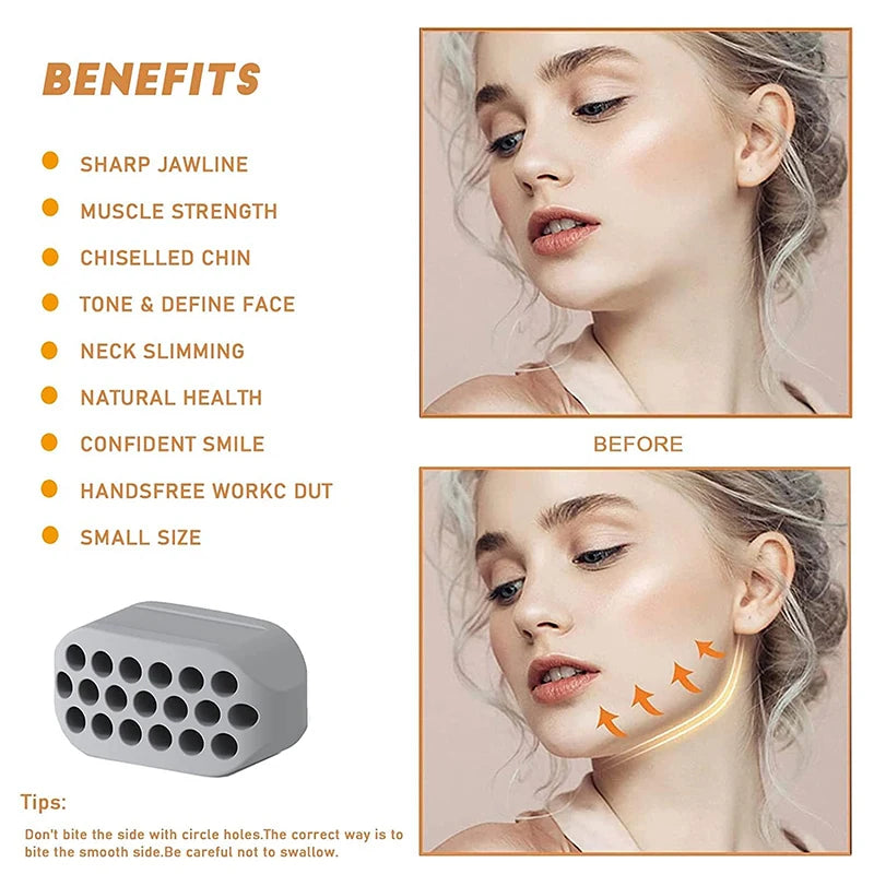 A close-up of a silicone jawline exerciser being used on a woman's neck and chin area.
