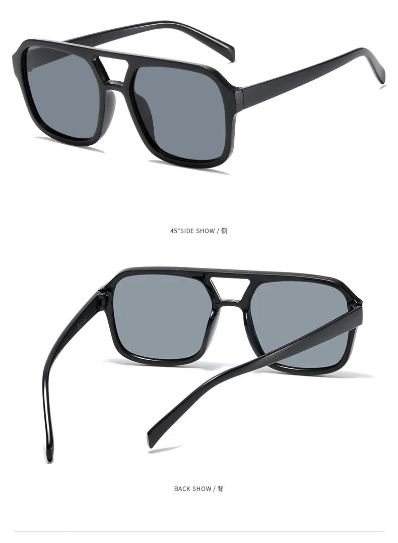 Schwarze Vintage-Square-Sonnenbrille mit Anti-Glare, von vorne und seitlich dargestellt.