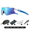 A pair of blue-tinted ASLBRO sports sunglasses shown with various accessories like a case, bag, cloth, and strap.