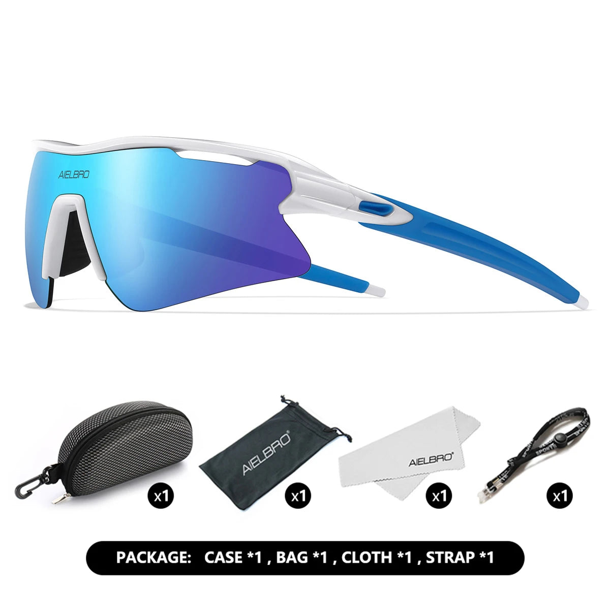 A pair of blue-tinted ASLBRO sports sunglasses shown with various accessories like a case, bag, cloth, and strap.