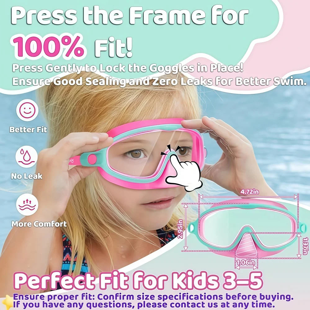 Mains pressant doucement un cadre de lunettes de natation rose sur le visage d'un enfant pour un ajustement parfait.