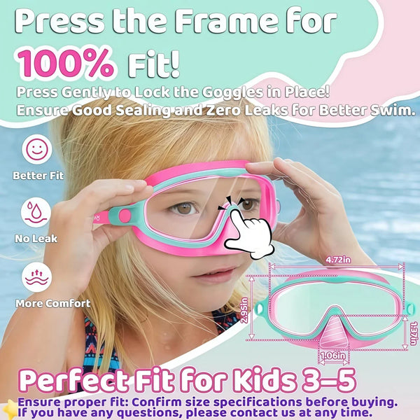 Hands gently pressing a pink swim goggle frame onto a child's face for a perfect fit.