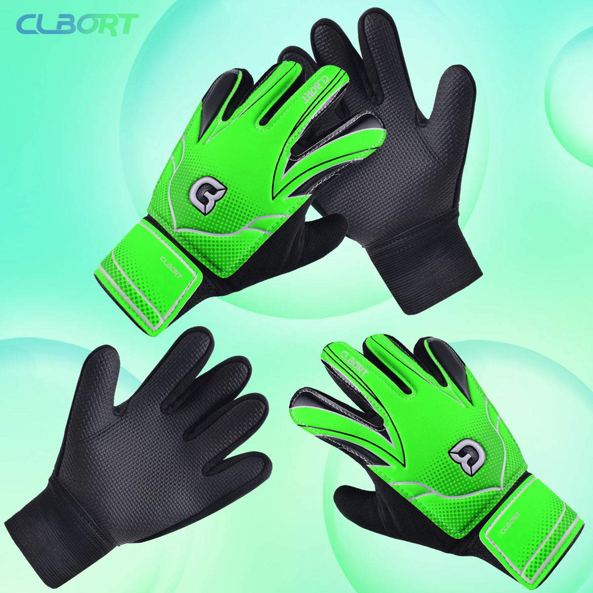 A set of bright lime green and black non-slip soccer goalie gloves with double wrist protection shown from various angles.