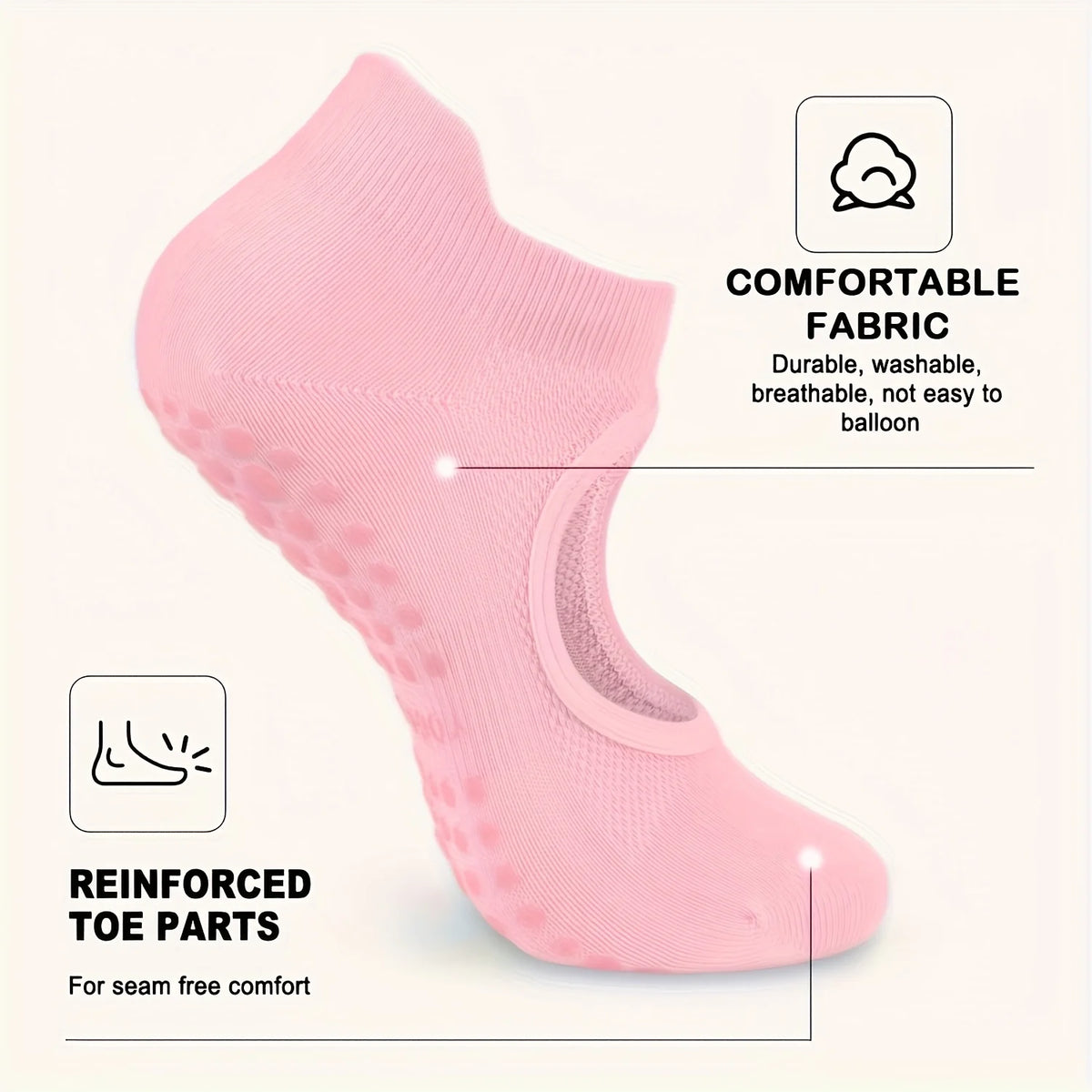 Pink non-slip pilates yoga socks featuring reinforced toe parts for seam-free comfort