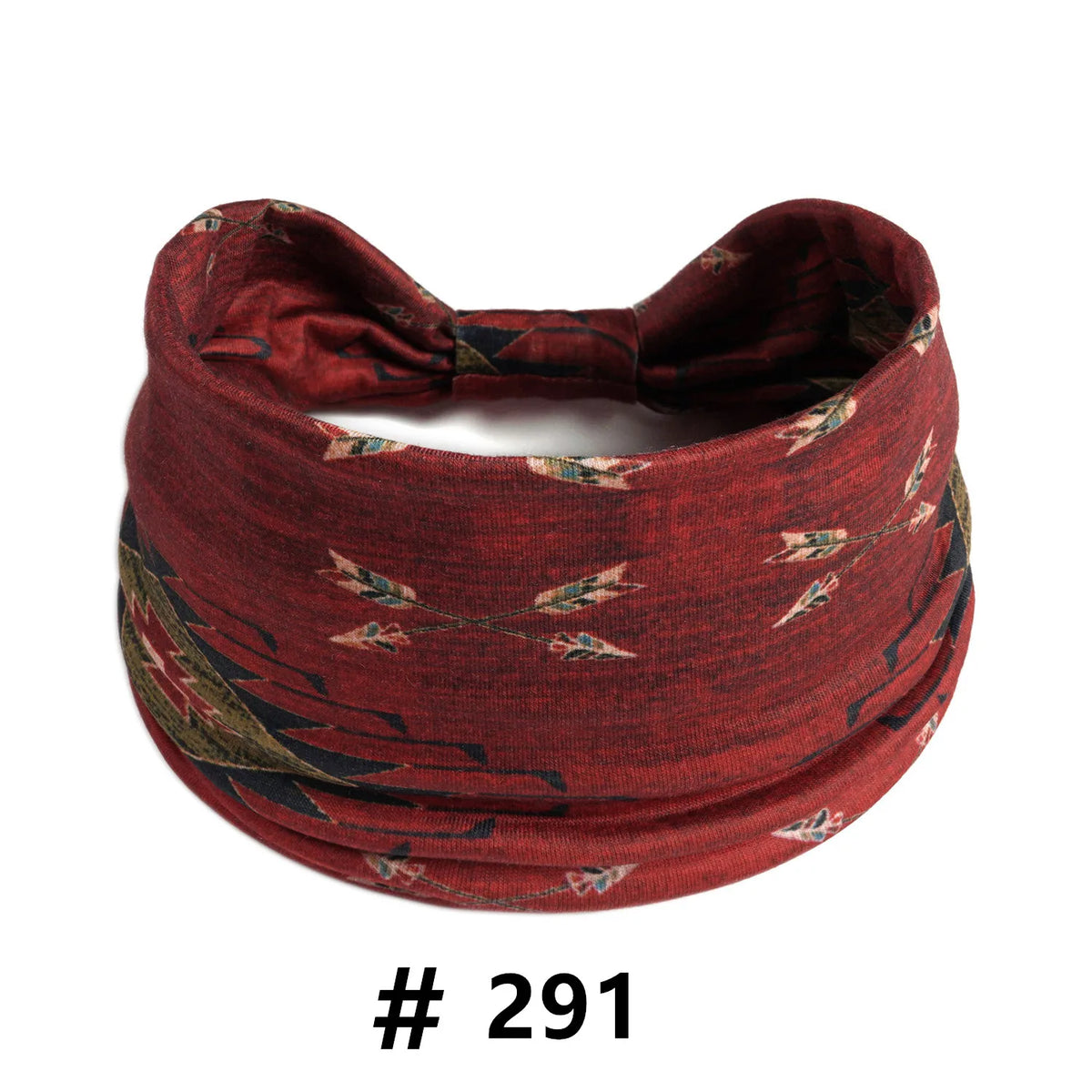 A maroon boho cotton turban headband with a patterned design.