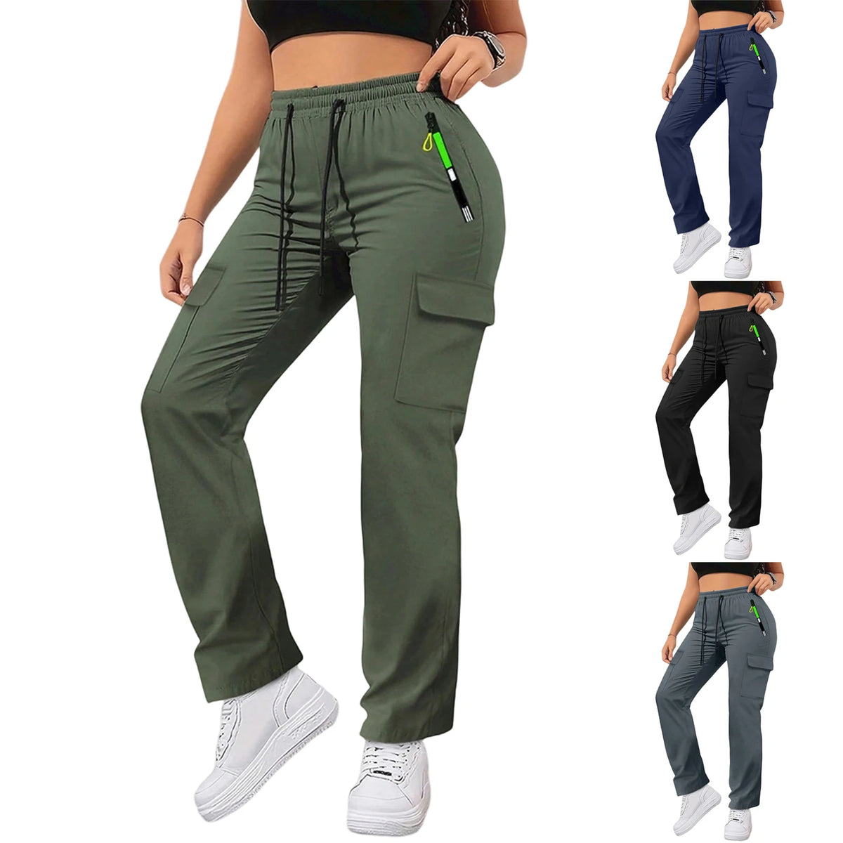 Women's straight fit drawstring cargo pants shown in olive green and black with multiple views.