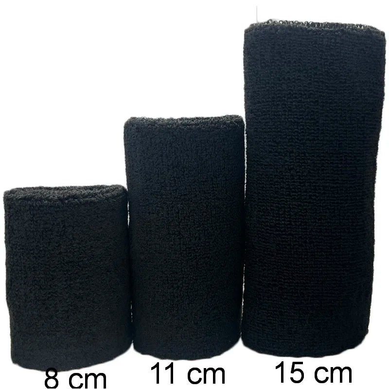 Three black dual sports wristbands shown side by side with measurements of 8 cm, 11 cm, and 15 cm