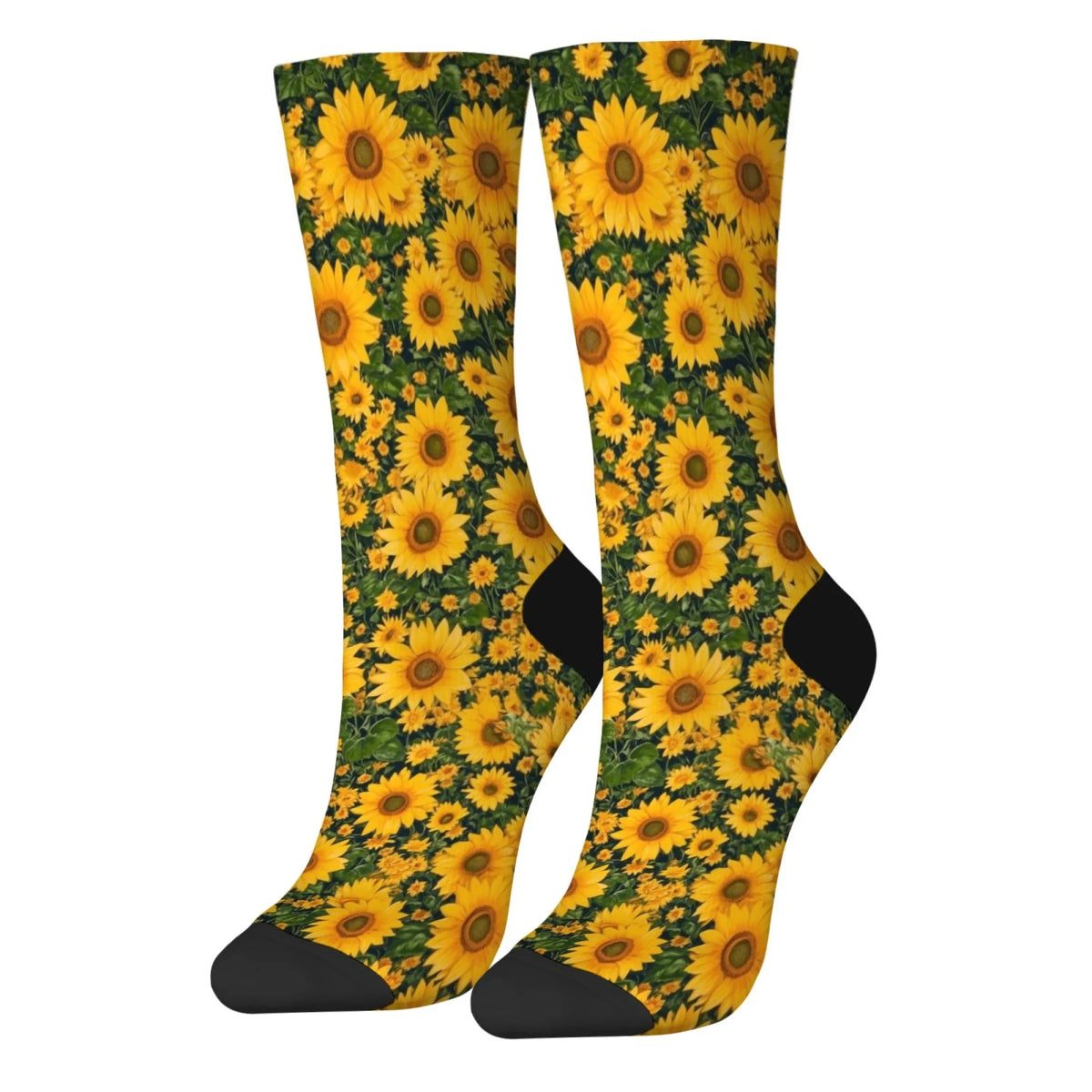 A pair of breathable crew socks featuring a vibrant yellow and green sunflower print.