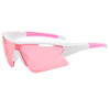 Pink and white sport sunglasses with pink accents for cycling and outdoor activities