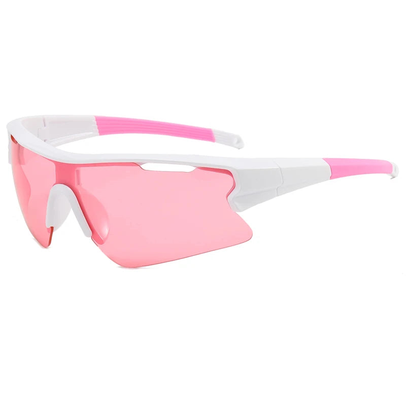 Pink and white sport sunglasses with pink accents for cycling and outdoor activities