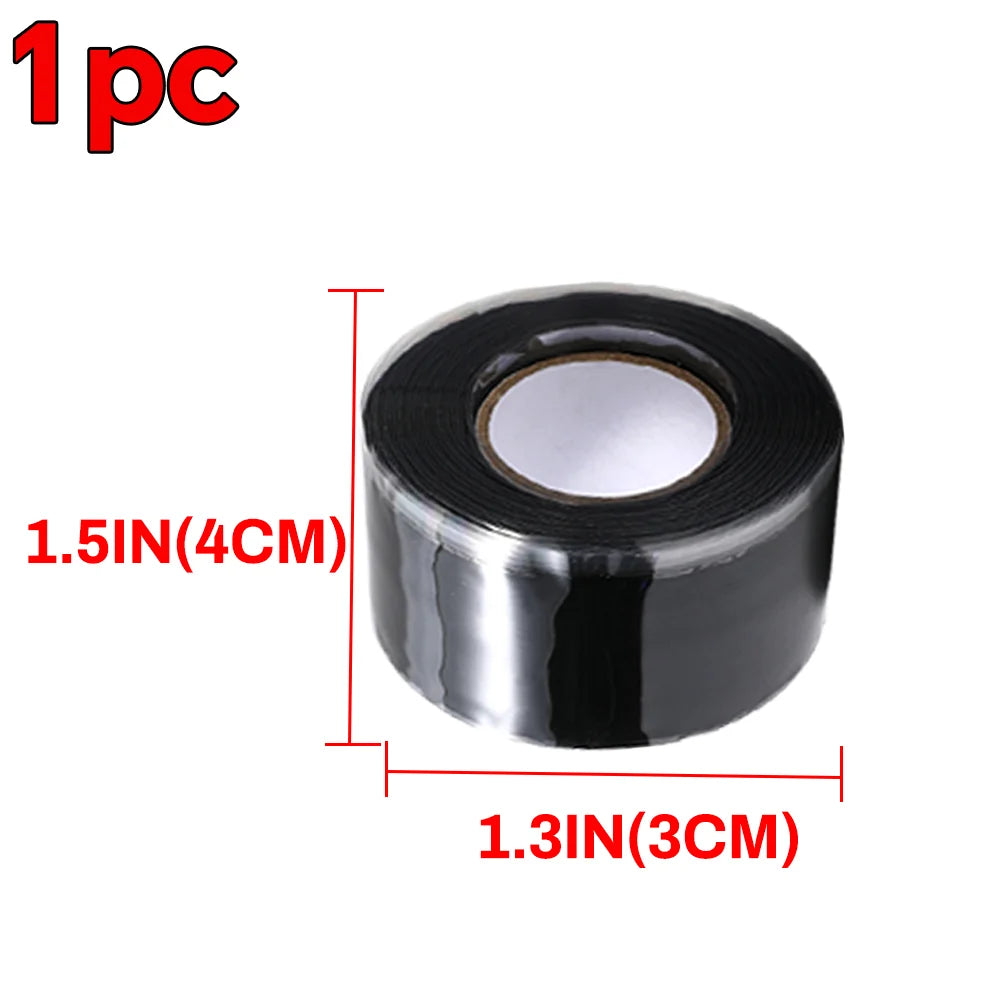 One roll of black self-fusing silicone repair tape, measuring 1.5 inches in diameter and 1.3 inches long.