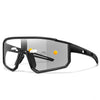 Black photochromic sports sunglasses with yellow sun icon and white clouds