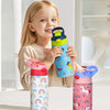 A young girl holds a colorful cartoon pattern insulated stainless steel thermos cup.
