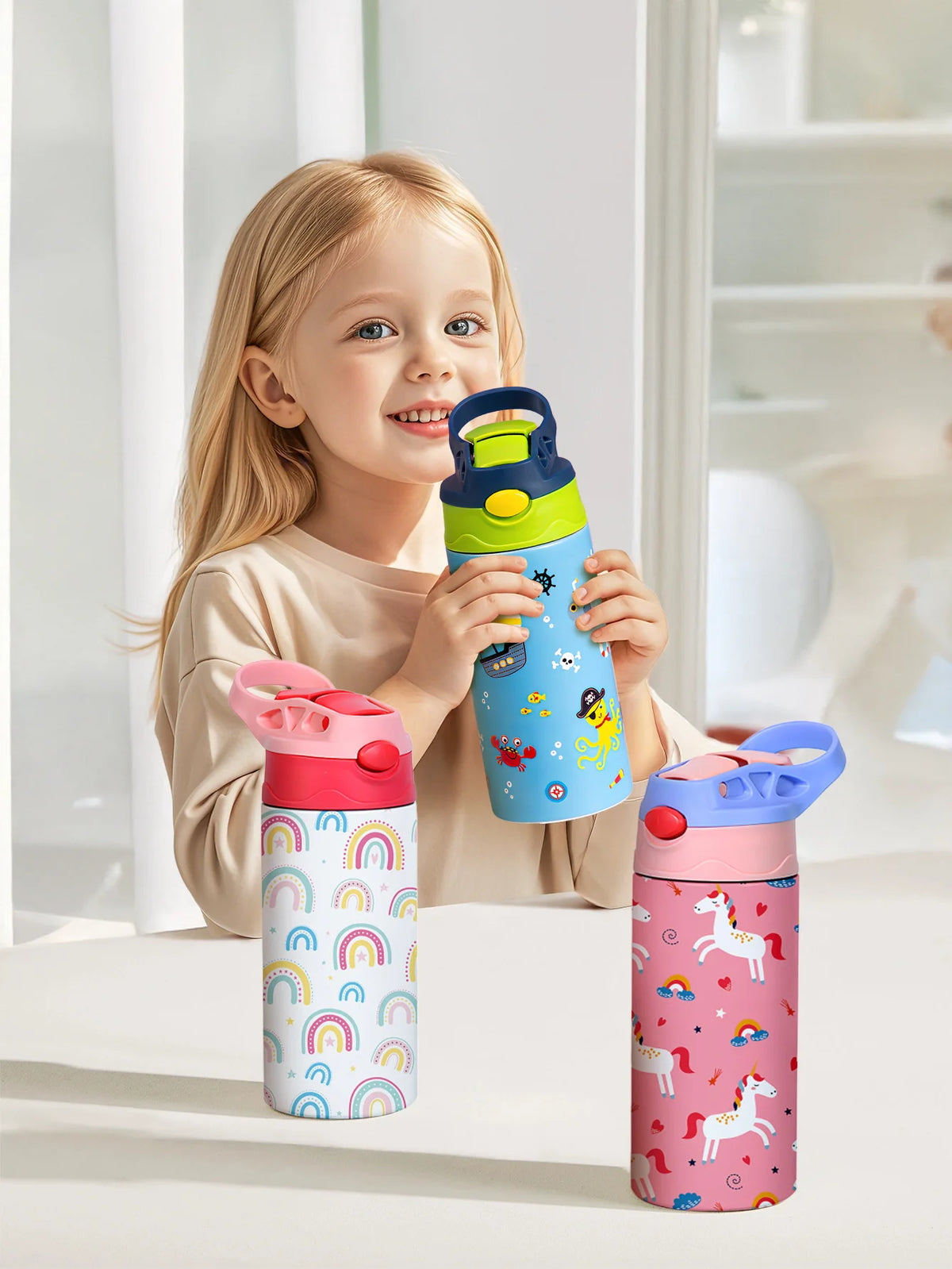 A young girl holds a colorful cartoon pattern insulated stainless steel thermos cup.