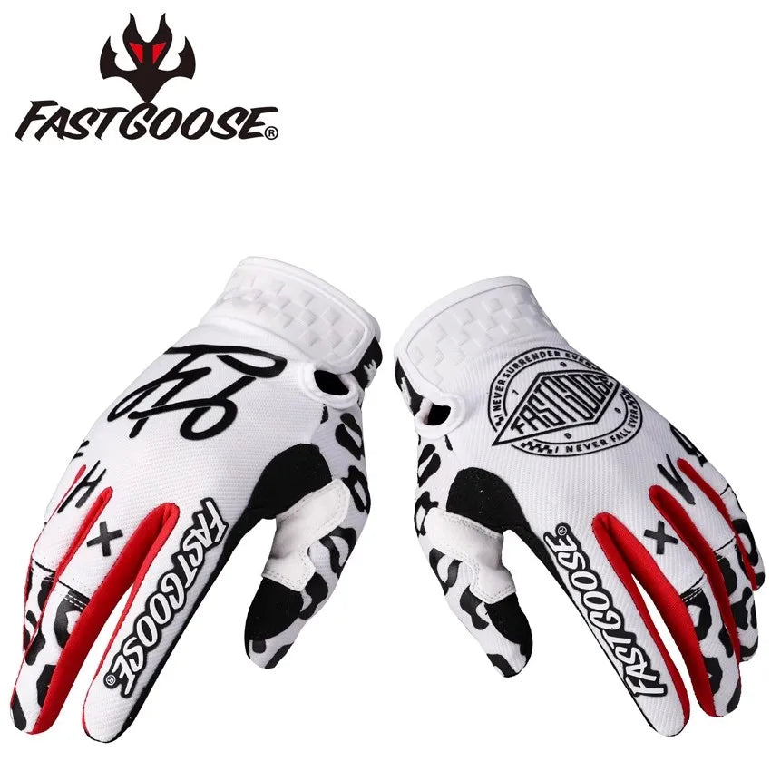 A pair of white and black FastGoose cycling gloves shown against a white background.