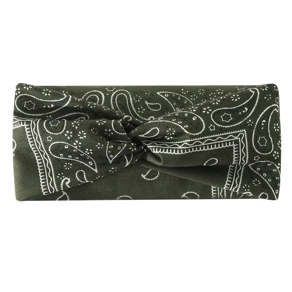 Dark olive green bohemian print wide headband featuring paisley and geometric patterns
