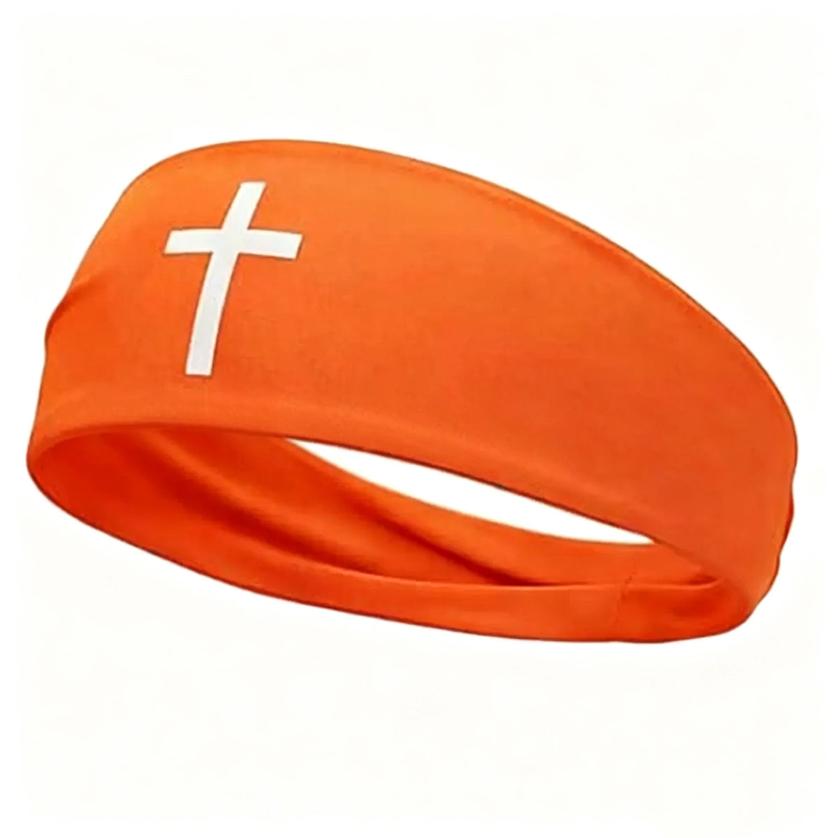 Orange athletic sweat headband with a white cross design