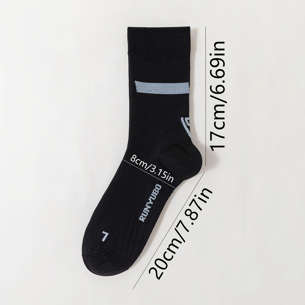 Black performance athletic running sock with a light gray stripe detail shown vertically.