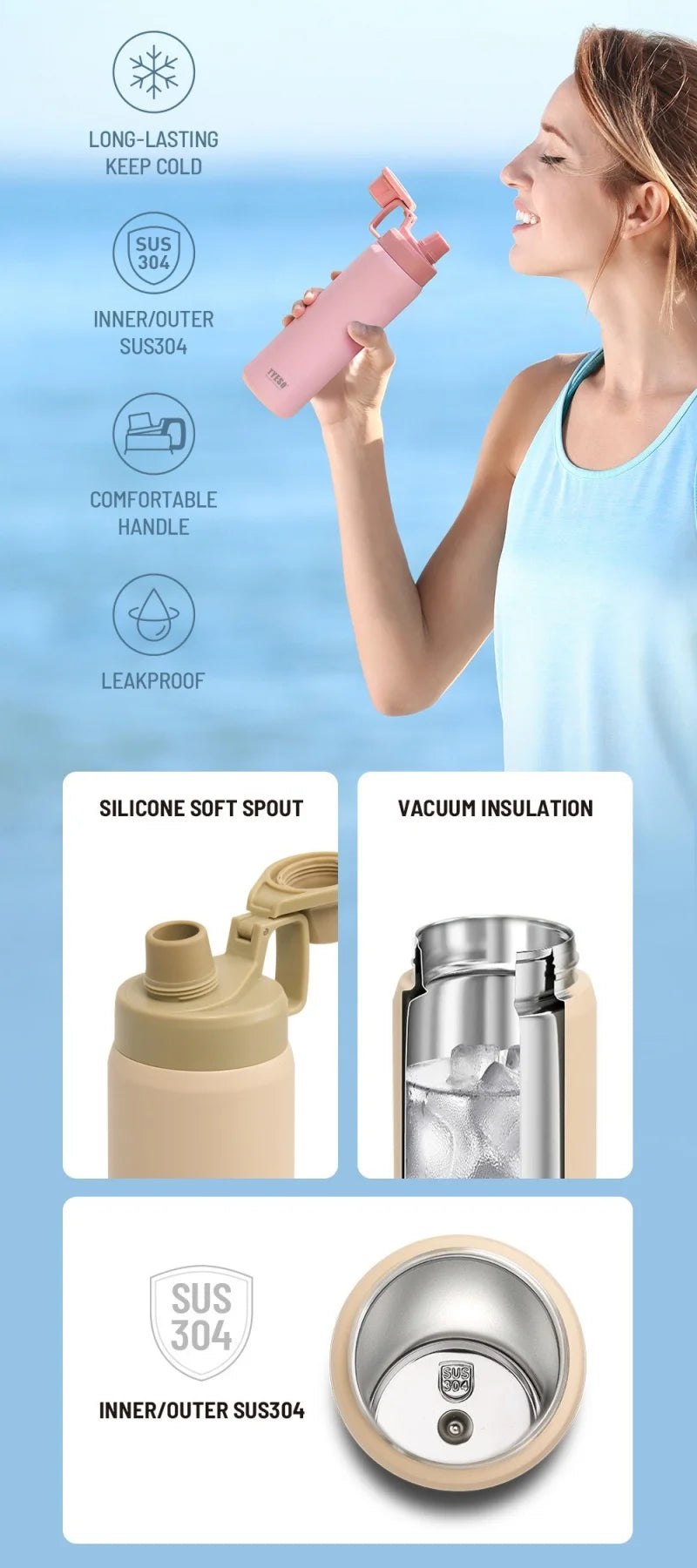 Une femme tient une tasse thermos en acier inoxydable rose, mettant en avant sa conception étanche et son isolation sous vide