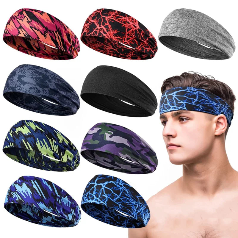 A collection of various colored elastic sports headbands for gym and yoga use.
