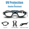 Clear plastic swimming goggles with a black frame and soft nose bridge